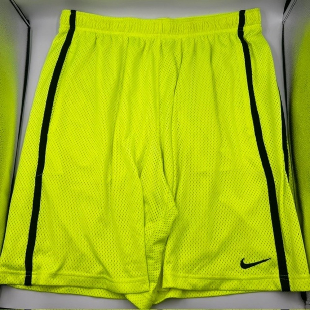 Nike Men's XXL Neon Yellow Volt Mesh Basketball 10" Shorts Black Stripe Swoosh